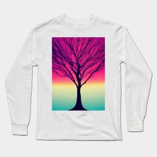 Lonely Tree Under a Pink Midnight Sky - Vibrant Colored Whimsical - Abstract Minimalist Bright Colorful Nature Poster Art of a Leafless Branches Long Sleeve T-Shirt